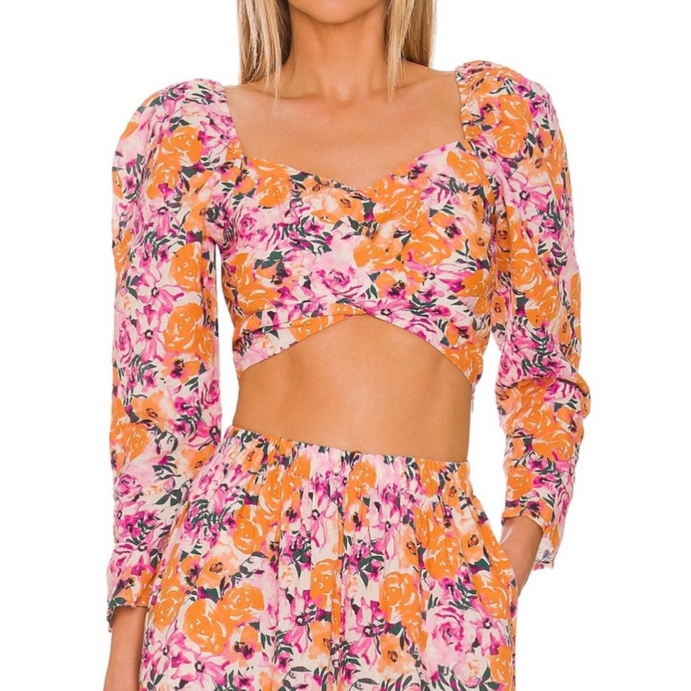 NWT Something Navy Floral Puff Shoulder Crop Top Orange Combo Size XS
